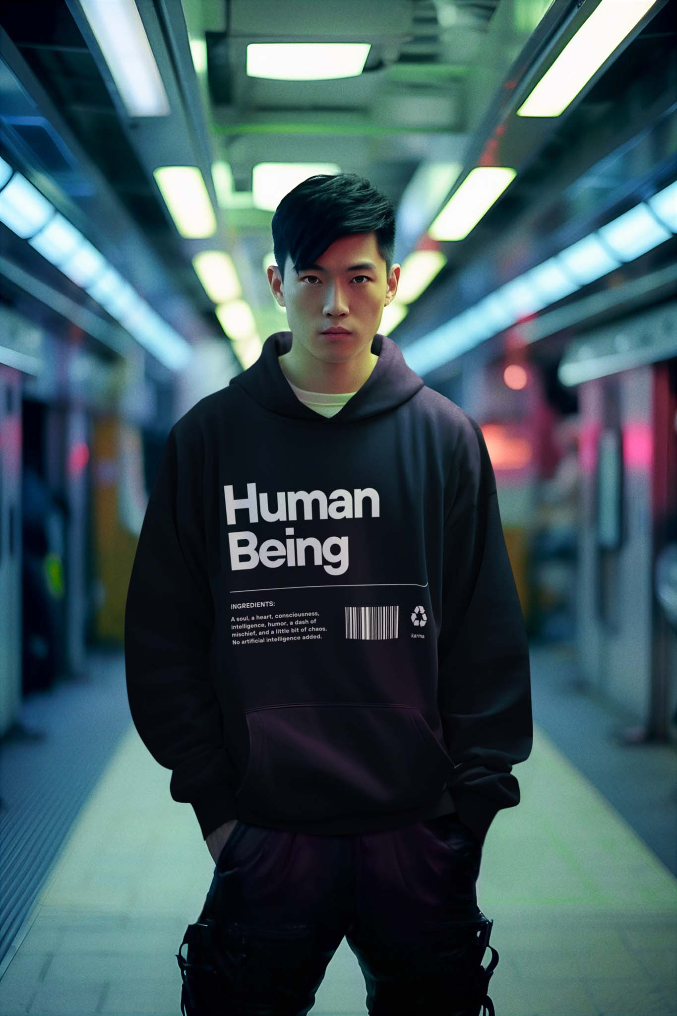 Karmic Being graphic hoodie by Alchemy & Aura on a male model