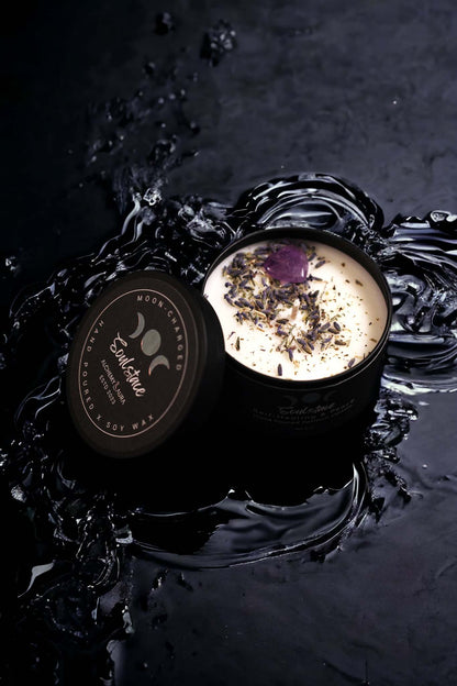 Luxury moon crystal candles with amethyst by Alchemy & Aura. Open top view showing candle inside.