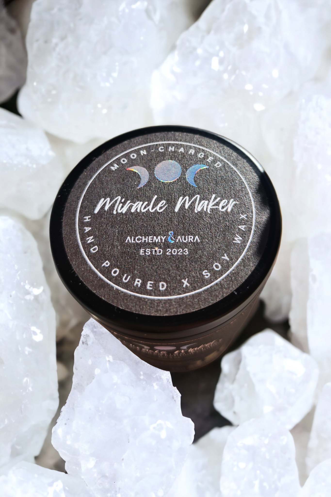 MIRACLE MAKER Moon Crystal Candle with Clear Quartz crystals by Alchemy & Aura. 