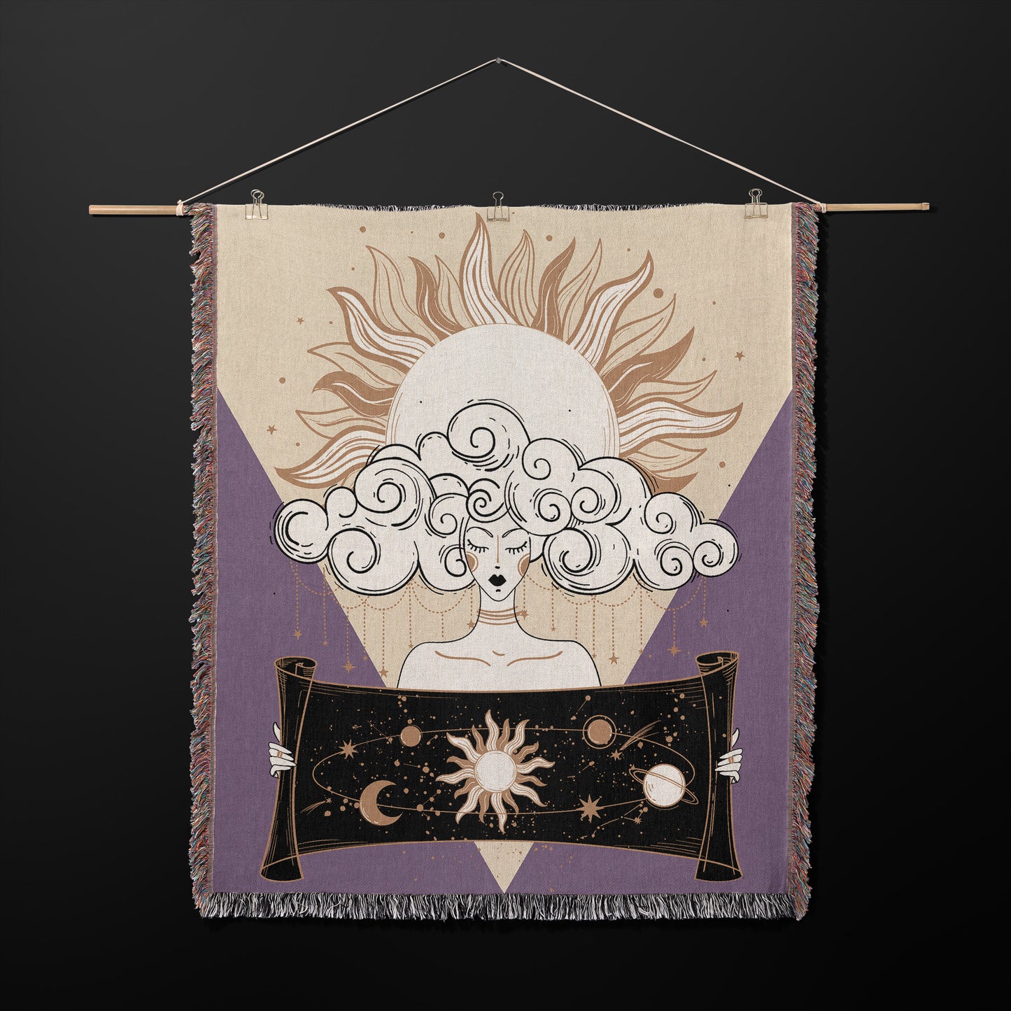 Woven blanket with spiritual themes, a woman with her head in clouds holding a scroll of the sun. Hanging as a wall tapestry.