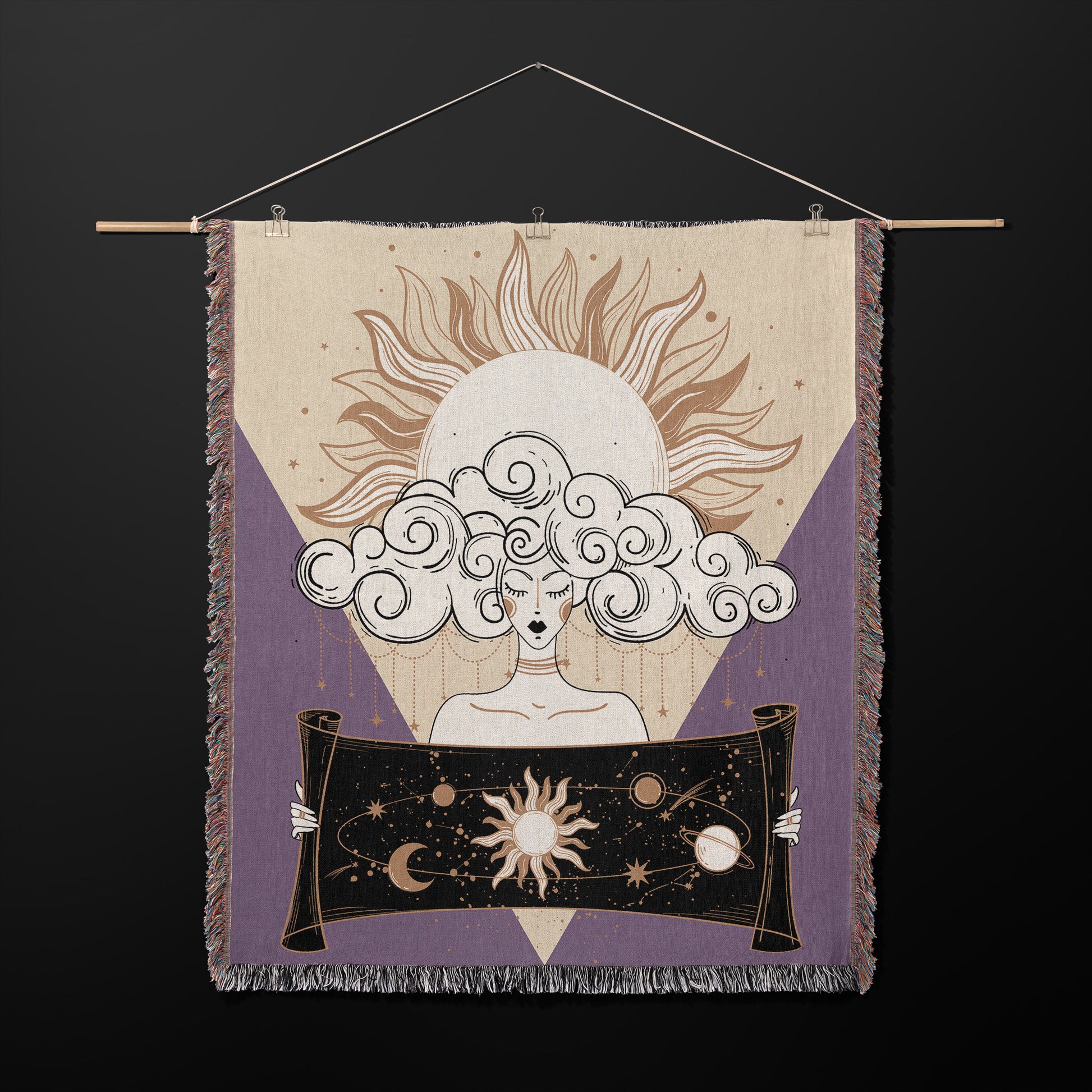 Woven blanket with spiritual themes, a woman with her head in clouds holding a scroll of the sun. Hanging as a wall tapestry.