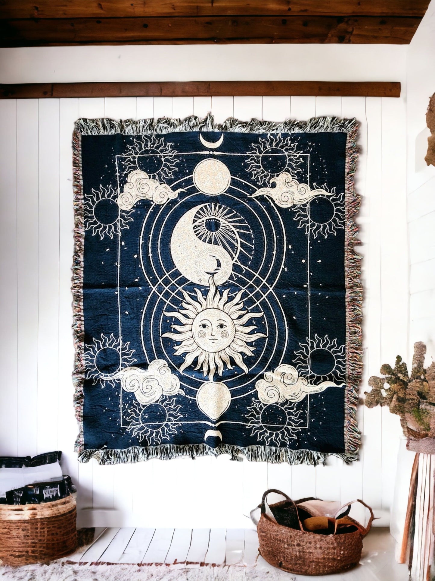 Luna and Sol Decorative Woven Blanket Hanging on White Wall